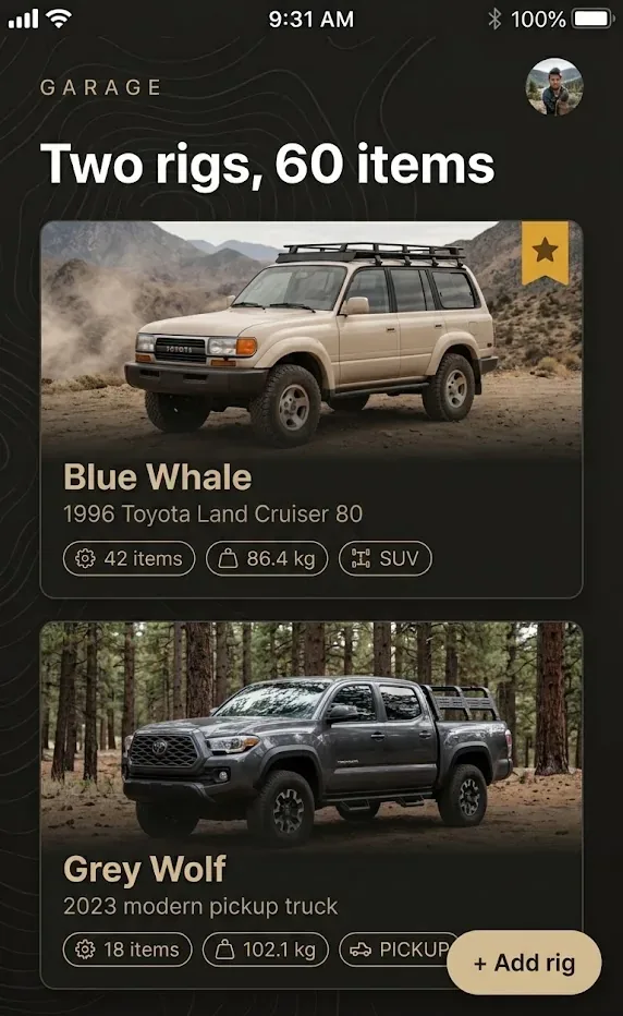 The garage screen, showing each rig with its item count, packed count and total weight.
