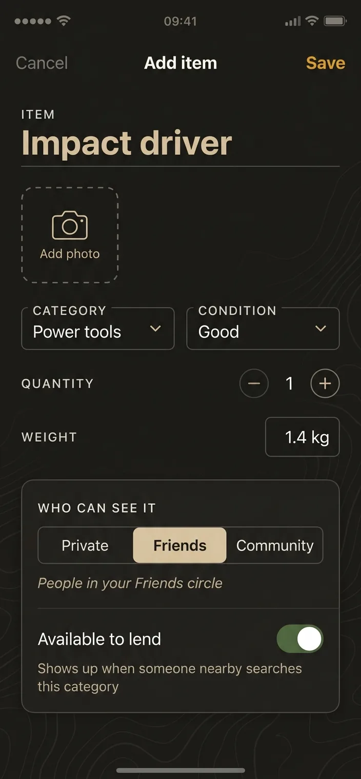 Adding an item: name, photo, category, condition, quantity, weight, who can see it, and whether it can be borrowed.