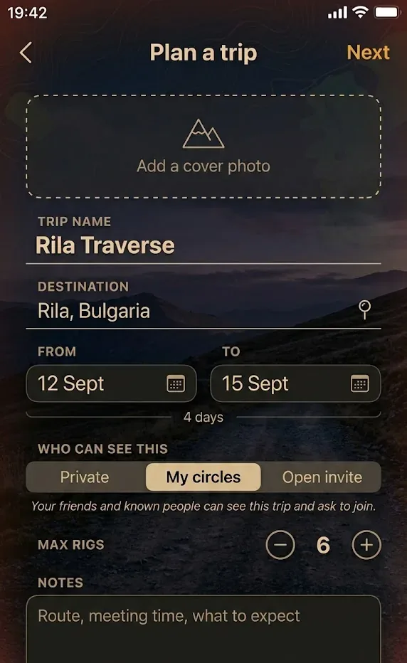 Unfolded, the trip form fills the left pane.