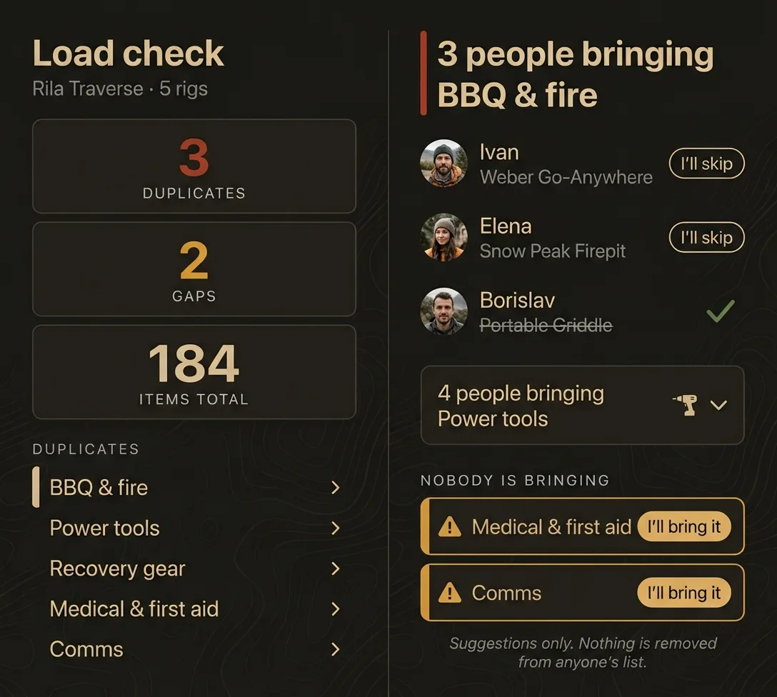 Unfolded, the load check keeps its duplicates and gaps summary on the left while one category — three people bringing BBQ and fire — opens on the right.