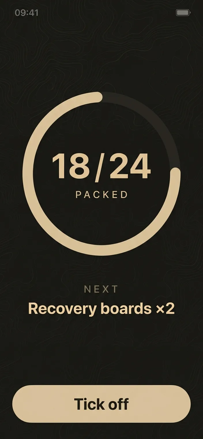 The closed phone's cover screen: a ring reading 18 of 24 packed, the next item to load, and one button to tick it off.